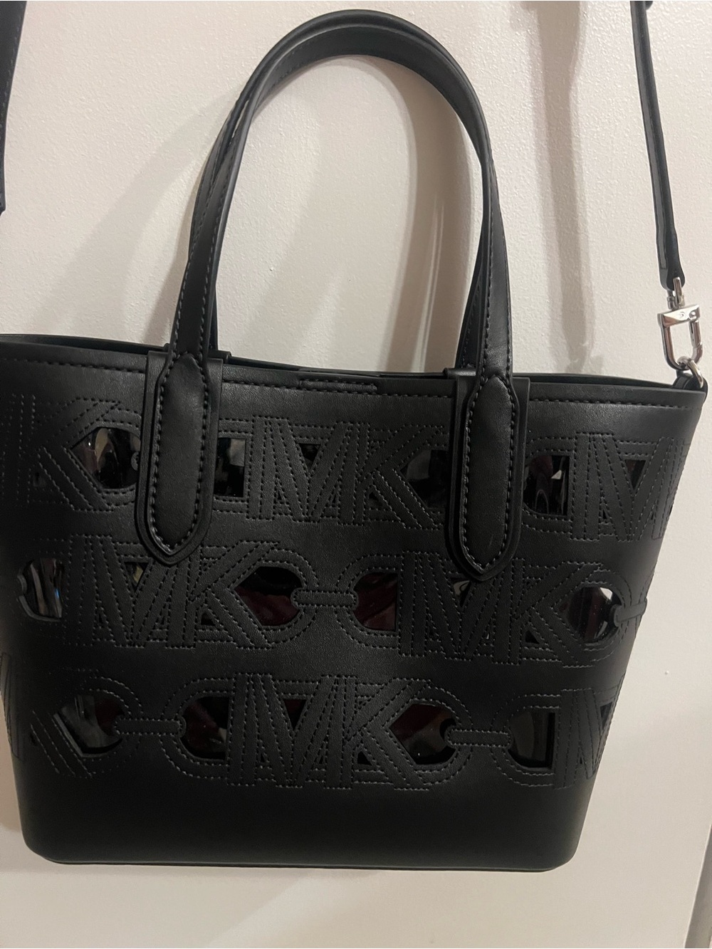 Stylish Black Laser-Cut Tote Bag with Adjustable Strap Michael Kors